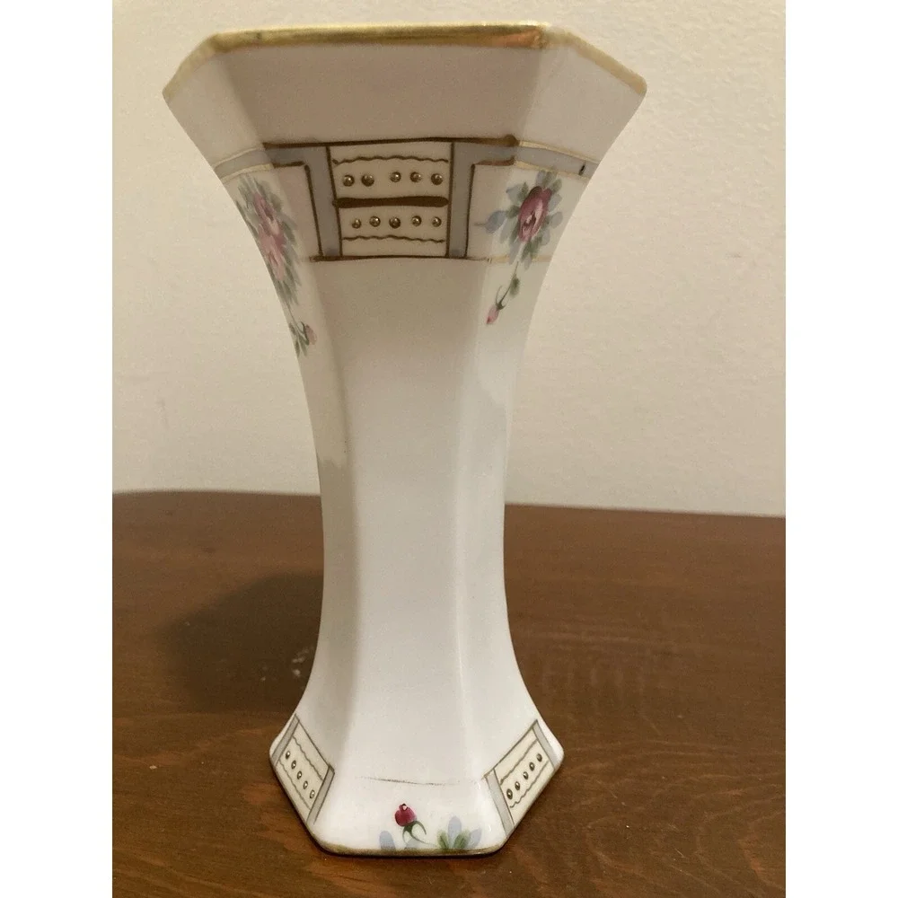 Vintage Hand Painted Porcelain Floral‎ Bud Vase Gold Gilt Moriage Hexagonal 6